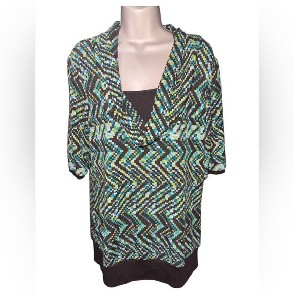 Cato Womens Brown & Green Cowl Neck Short Sleeve Layered Stretch Shirt Large - Picture 1 of 5